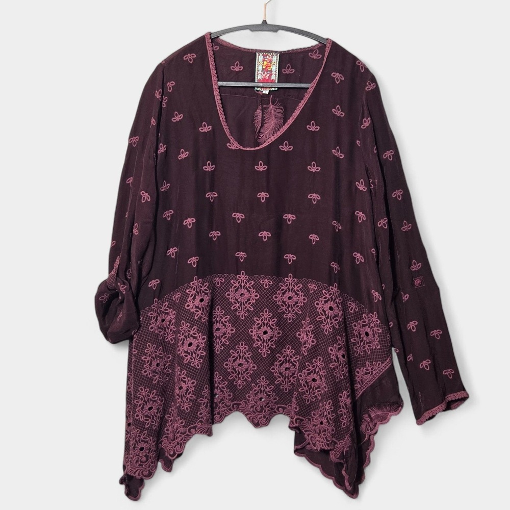 Johnny Was Crochet Eyelet Oversized Tunic Purple Feathers L Romantic Goth Boho